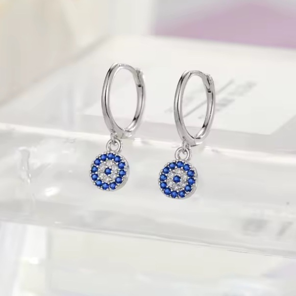 925 sterling Silver Evil Eye Dazzling Blue Crystal Earrings - Picture 3 of 6